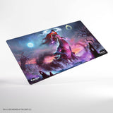 Fantasy-themed mouse pad with wolves and a moon on a white background