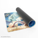 Yoga mat with a nature-themed design and rolled up on a white background