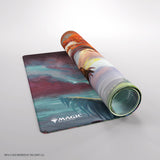 Colorful Magic: The Gathering playmat with a rolled-up design on a light gray background
