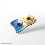 Card with fantasy design featuring a dragon and landscape on a white background