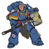 Spacemarine blue armor holding a hammer on a white background