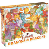 Board game box with colorful dragons and 'Flamecraft Dragons & Dragons' text