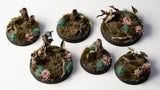 Six round miniature bases with naturalistic designs on a white background