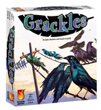 Board game box for 'Grackles' with colorful illustrations of birds on a white background