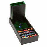 Dice tray with compartments holding colorful dice on a white background