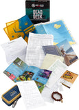 Collection of items including a box, papers, and small books on a white background