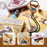 Hawk Springs Rodeo memorabilia including a bolo tie, program, and related items on a brown background.