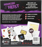 Back of a game box for 'Homicide at the Heist' with text and images of game components.