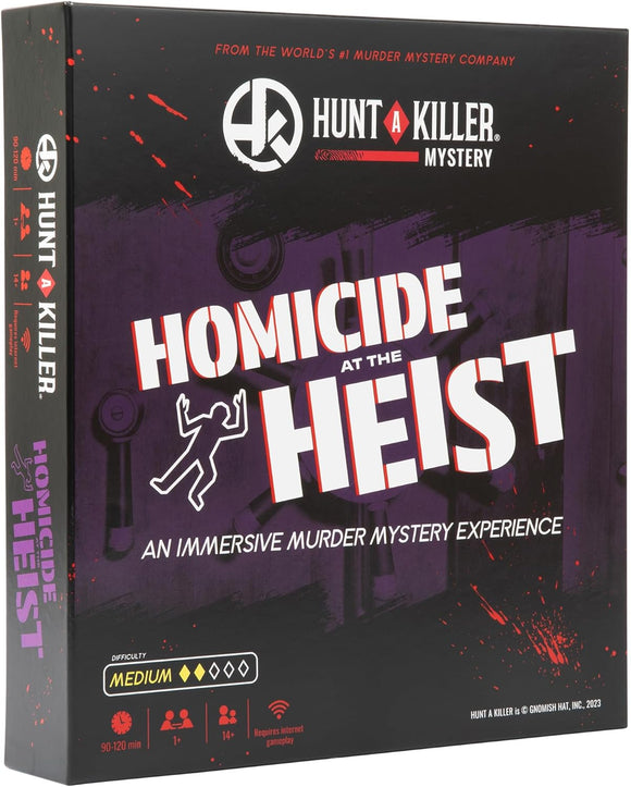 Box for 'Homicide at the Heist' immersive murder mystery experience by Hunt a Killer Mystery.