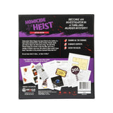 Back of a game box for 'Homicide Heist' with text and images of game components.