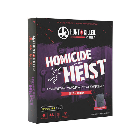 Box of 'Homicide at the Heist' murder mystery game by Hunt & Killer on a white background