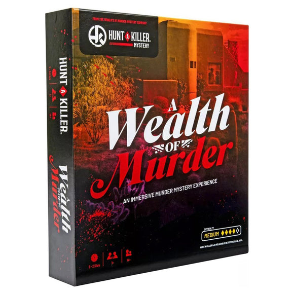 Board game box titled 'A Wealth of Murder' by Hunt a Killer on a white background