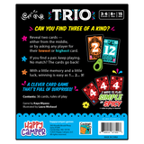 Back of a card game packaging for 'Happy Camper Trio' with colorful text and graphics.
