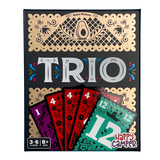 Card game box titled 'TRIO' with colorful card illustrations on a black background