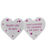 Two heart-shaped cards with purple text and hearts on a white background