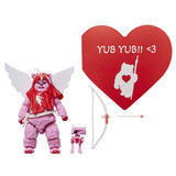 Pink teddy bear-like figure with red cape and wings, bow, and heart-shaped sign with text and bear illustration.