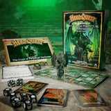 HeroQuest game set with packaging and components on a stone surface.