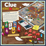 Clue: Home Alone board game set by Hasbro Games, featuring an illustrated board game layout, player cards, red and blue pieces, and themed graphics on a brown background with holiday lights and feathers.