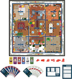 Clue board game set laid out on a white background, showing the illustrated house map, player cards, red hand cards, and clue cards.