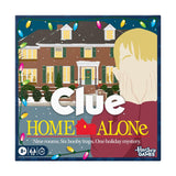 Clue Home Alone board game box featuring a holiday mystery illustration with a house, snow, colorful lights, and the title 'Clue Home Alone' on a dark blue background. Hasbro Games logo is visible in the bottom right corner.