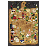 Illustrated cheese and wine board with various types of cheese, wine bottles, and fruits on a dark background.