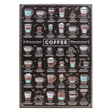 Tea towel with coffee-themed illustrations and text on a black background