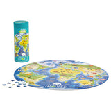 Round world puzzle with a cylindrical packaging on a white background