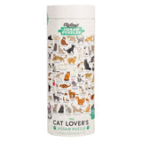 Jigsaw puzzle box with cat illustrations on a white background