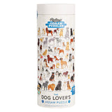Jigsaw puzzle packaging with dog illustrations on a white background