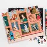 Jigsaw puzzle box with illustrated women and 'Well Behaved Women Seldom Make History' text on a pink background.