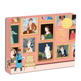 Jigsaw puzzle box featuring illustrations of women from history on a pink background