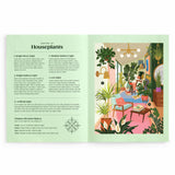 Open book showing an illustration of a living room with houseplants and text on houseplant care.