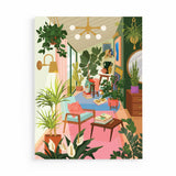 Illustration of a cozy living room with plants and furniture