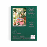 Puzzle box with illustration of a room with plants and text on a green background