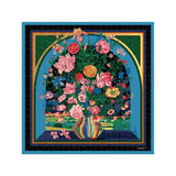 Floral arrangement puzzle with colorful flowers and a vase on a blue background