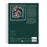 Back of a Liberty puzzle packaging with floral design and text.