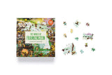 Jigsaw puzzle set with 'The World of Frankenstein' packaging on a white background