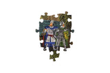 Jigsaw puzzle piece with a medieval-themed design on a white background