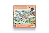 Puzzle box with colorful illustration of a cityscape on a white background