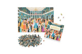 Jigsaw puzzle set with a colorful box and scattered pieces on a white background