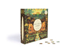 Jigsaw puzzle packaging with illustrations of a cityscape and scattered pieces on a white background