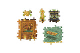 Set of puzzle pieces with decorative designs on a white background