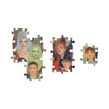 Jigsaw puzzle with cartoon-style portraits of people on a white background