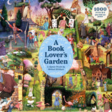 Jigsaw puzzle box cover featuring a colorful illustration of a garden with people and various elements, labeled 'A Book Lover's Garden' by Michael Kirkham.