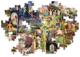 Jigsaw puzzle with a colorful scene of people in a garden on a white background