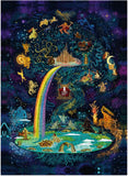 Fantasy scene with rainbow, castle, and celestial figures against a starry night sky.