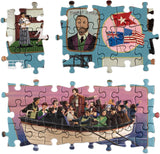 Set of puzzle pieces with historical and cultural illustrations