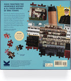 Back view of a Titanic puzzle packaging with illustrations and text.