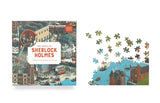 Jigsaw puzzle set with 'The World of Sherlock Holmes' book cover and completed puzzle pieces.