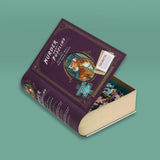 Book-shaped box with puzzle pieces on a green background
